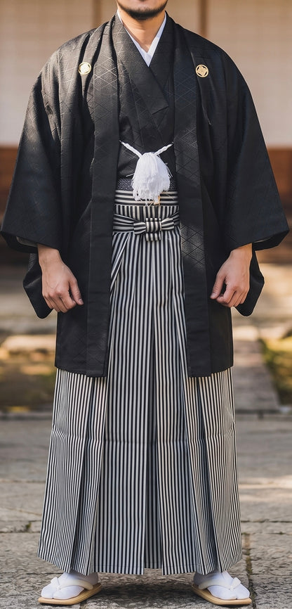 Japanese Men's Black Stripe Hakama Set