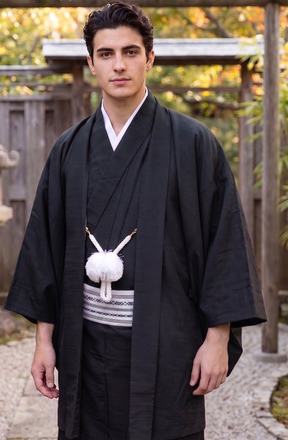 Traditional Men's Black Kimono 4/6/8PCS Set, Custom Kamon Available