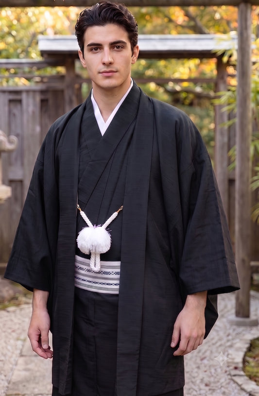 Traditional Men's Black Kimono 4/6/8PCS Set, Custom Kamon Available