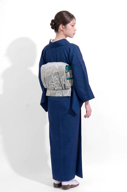 Navy Blue Washable Iromuji Kimono Set with Pre-Tied Obi