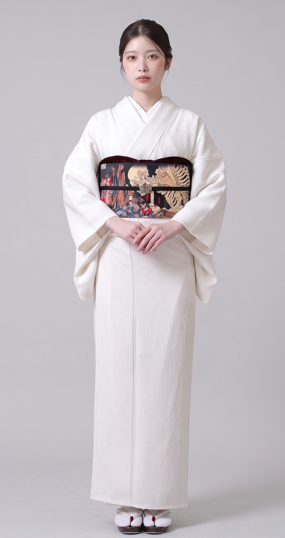 Pearl White Washable Iromuji Kimono Set with Pre-Tied Obi