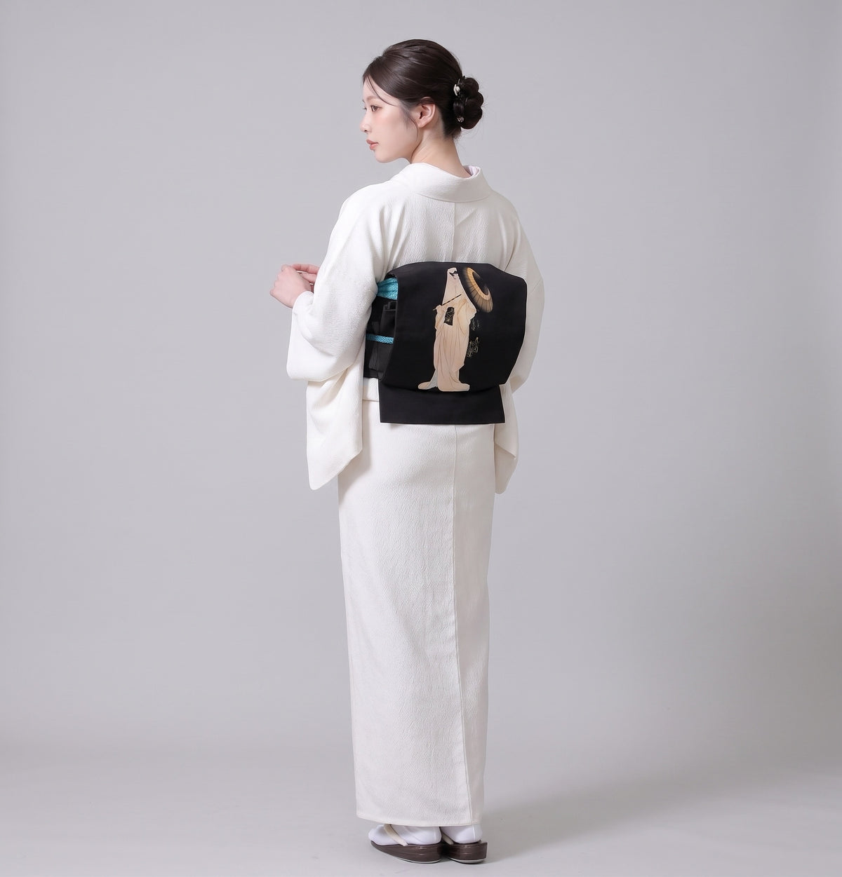 Pearl White Washable Iromuji Kimono Set with Pre-Tied Obi