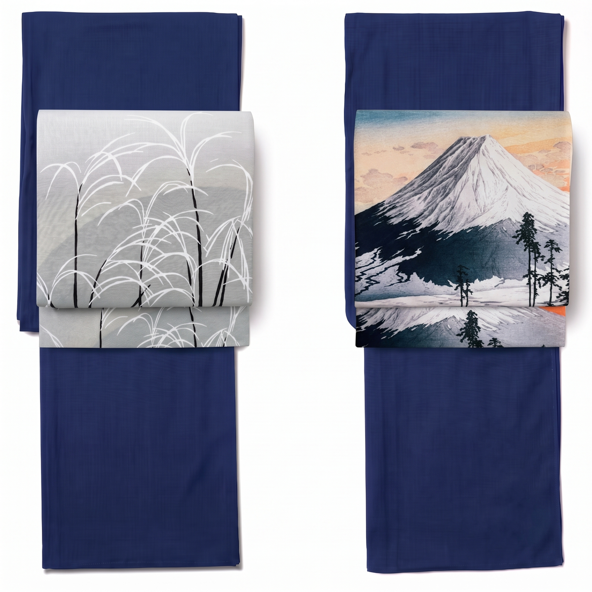 Navy Blue Washable Iromuji Kimono Set with Pre-Tied Obi