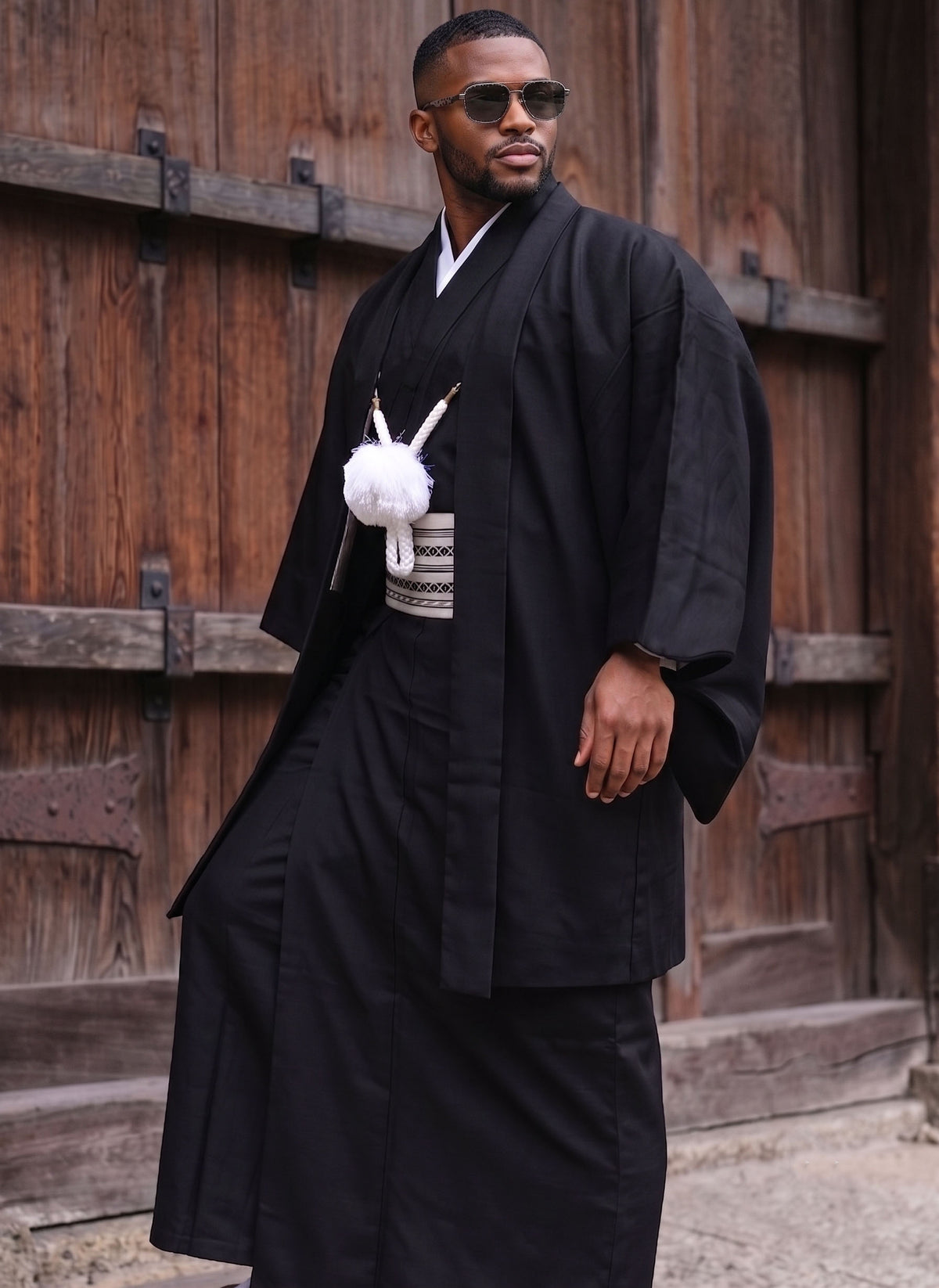 Traditional Men's Black Kimono 4/6/8PCS Set, Custom Kamon Available