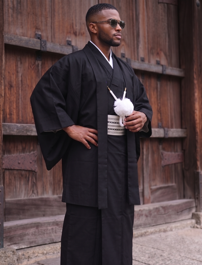 Traditional Men's Black Kimono 4/6/8PCS Set, Custom Kamon Available