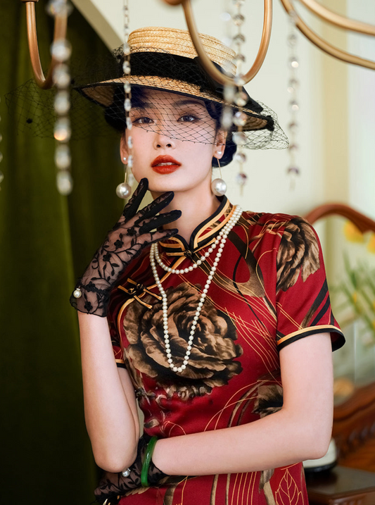 Elegant Silk Qipao with Short-Sleeve, SQ004