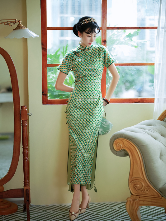 Silk Qipao with Vintage Copper Coins Design, SQ016