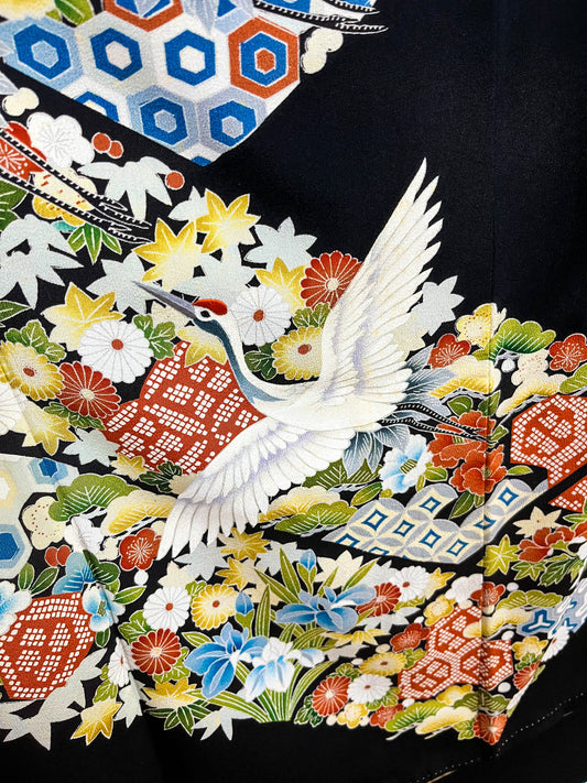 Rank A- Black Tomesode Kimono/ Crane Pattern/ A80