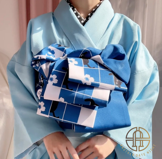 Blue Checkered Cat Hanhaba Belt, Half-Width Obi for Yukata