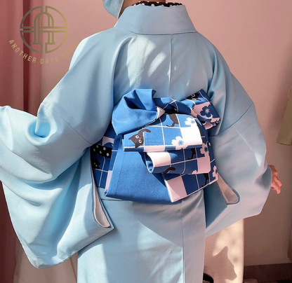 Blue Checkered Cat Hanhaba Belt, Half-Width Obi for Yukata