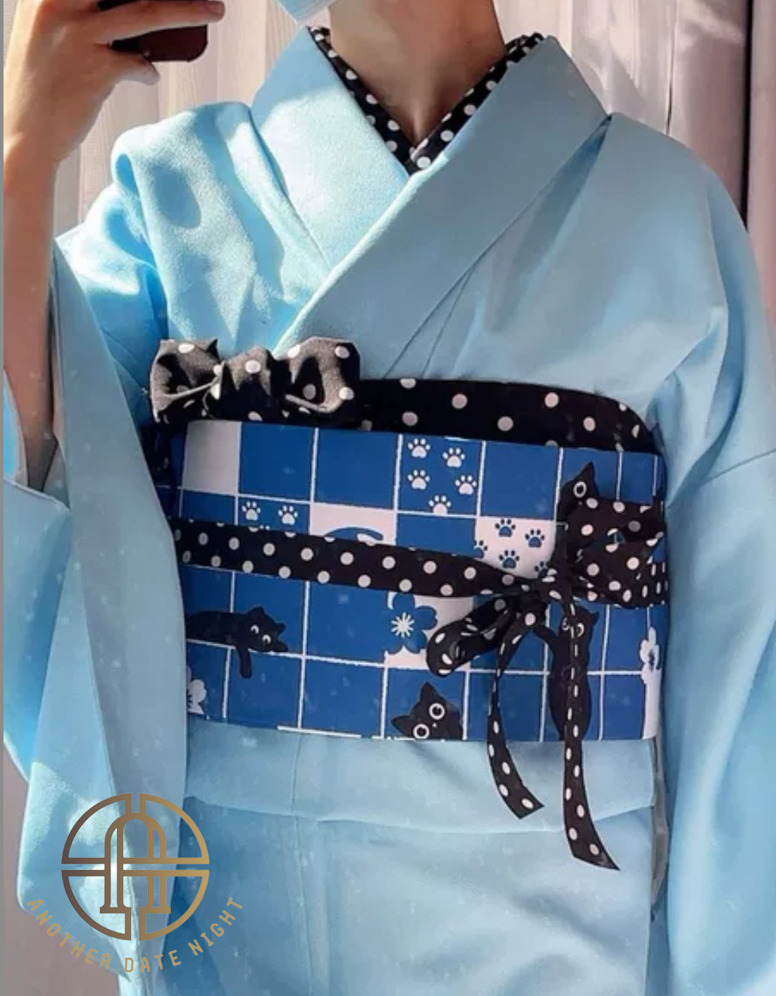 Blue Checkered Cat Hanhaba Belt, Half-Width Obi for Yukata