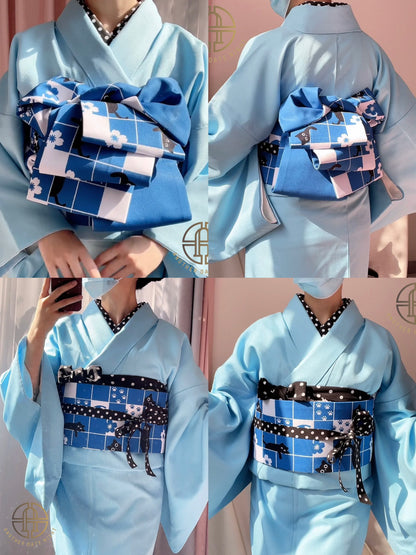 Blue Checkered Cat Hanhaba Belt, Half-Width Obi for Yukata