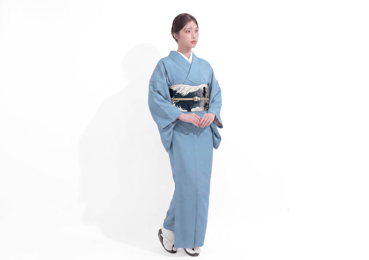 Powder Blue Washable Iromuji Kimono Set with Pre-Tied Obi