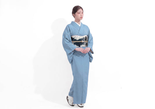 Powder Blue Washable Iromuji Kimono Set with Pre-Tied Obi