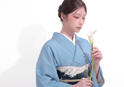 Powder Blue Washable Iromuji Kimono Set with Pre-Tied Obi