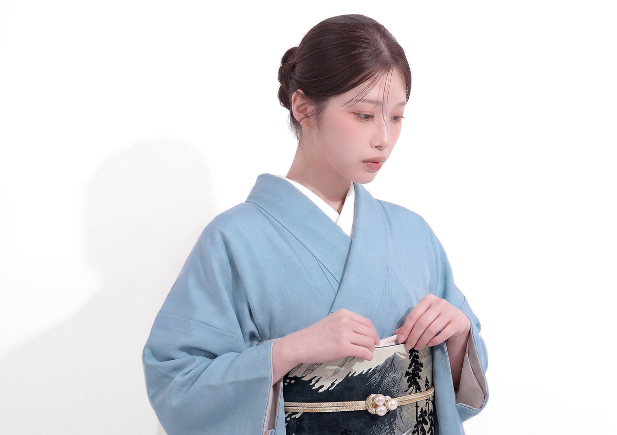 Powder Blue Washable Iromuji Kimono Set with Pre-Tied Obi