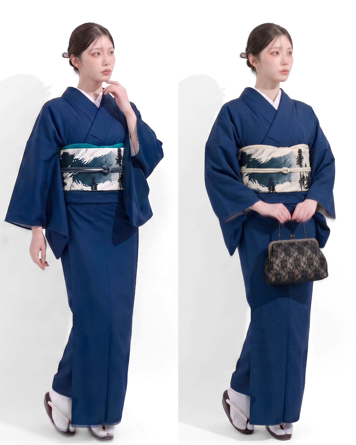Navy Blue Washable Iromuji Kimono Set with Pre-Tied Obi
