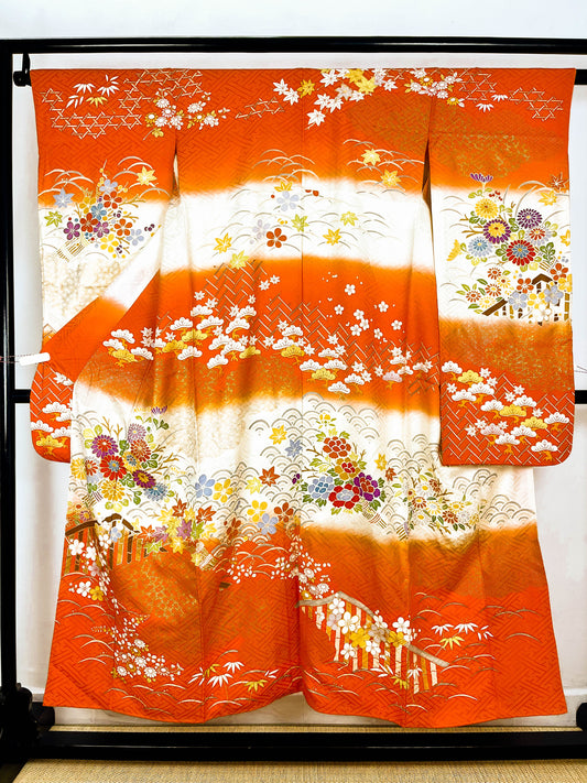Rank A- Vintage Furisode Silk kimono, Orange kimono, A56