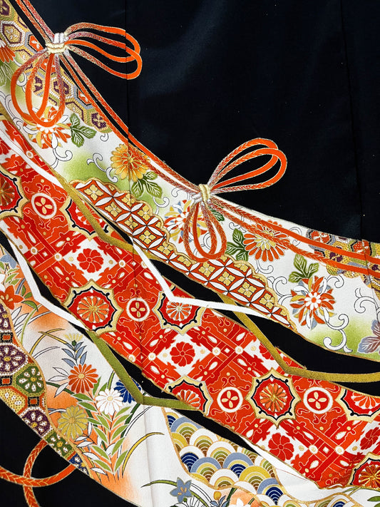 Rank A+ Black Tomesode Kimono/ Red ribbon / A61