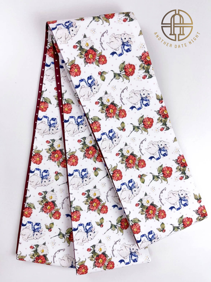 Camellia Rabbit Hanhaba & Red Polka Dots Double Sided Obi Belt for Yukata