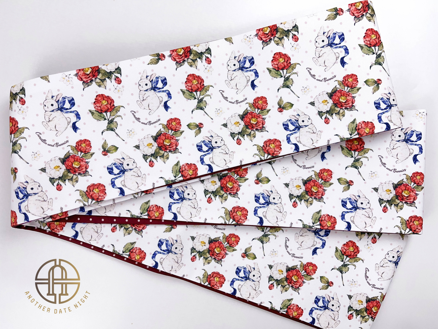 Camellia Rabbit Hanhaba & Red Polka Dots Double Sided Obi Belt for Yukata