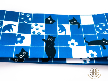 Blue Checkered Cat Hanhaba Belt, Half-Width Obi for Yukata