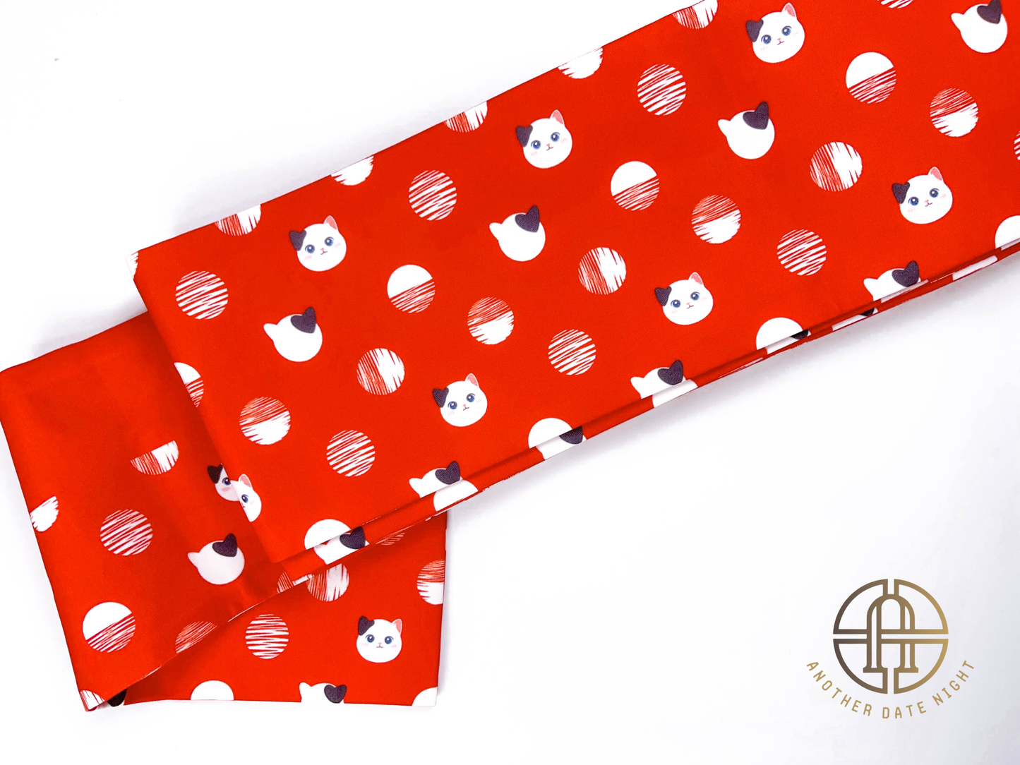 Red Polka Dot Cat Hanhaba Belt, Red Half-Width Obi for Yukata