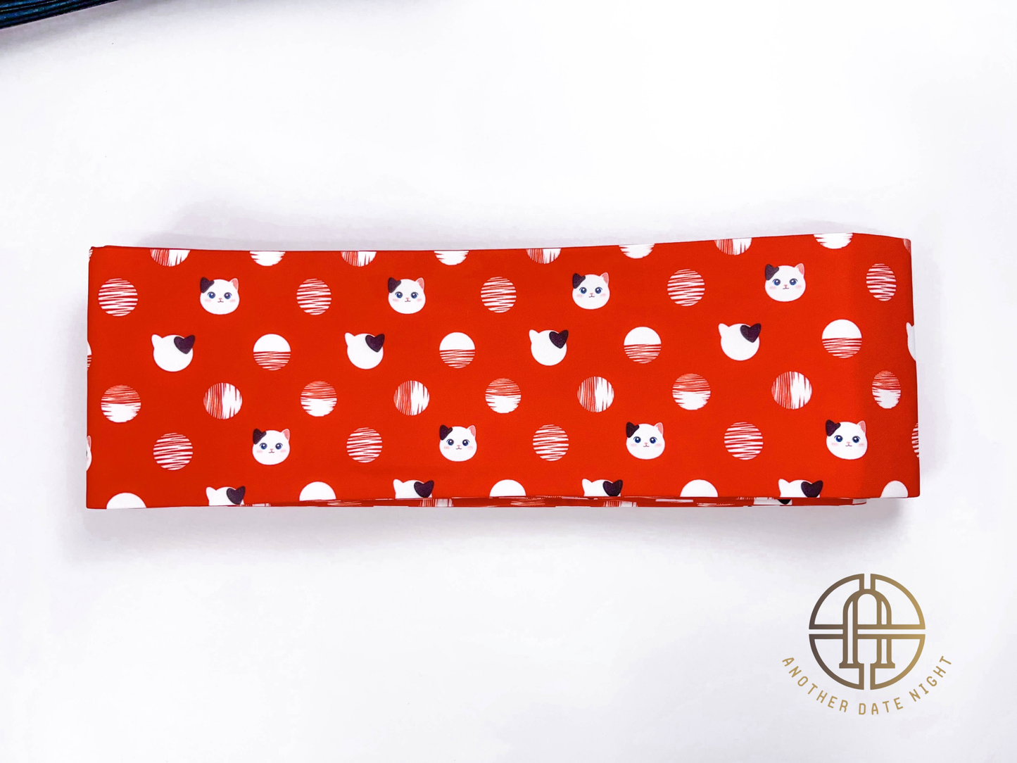 Red Polka Dot Cat Hanhaba Belt, Red Half-Width Obi for Yukata