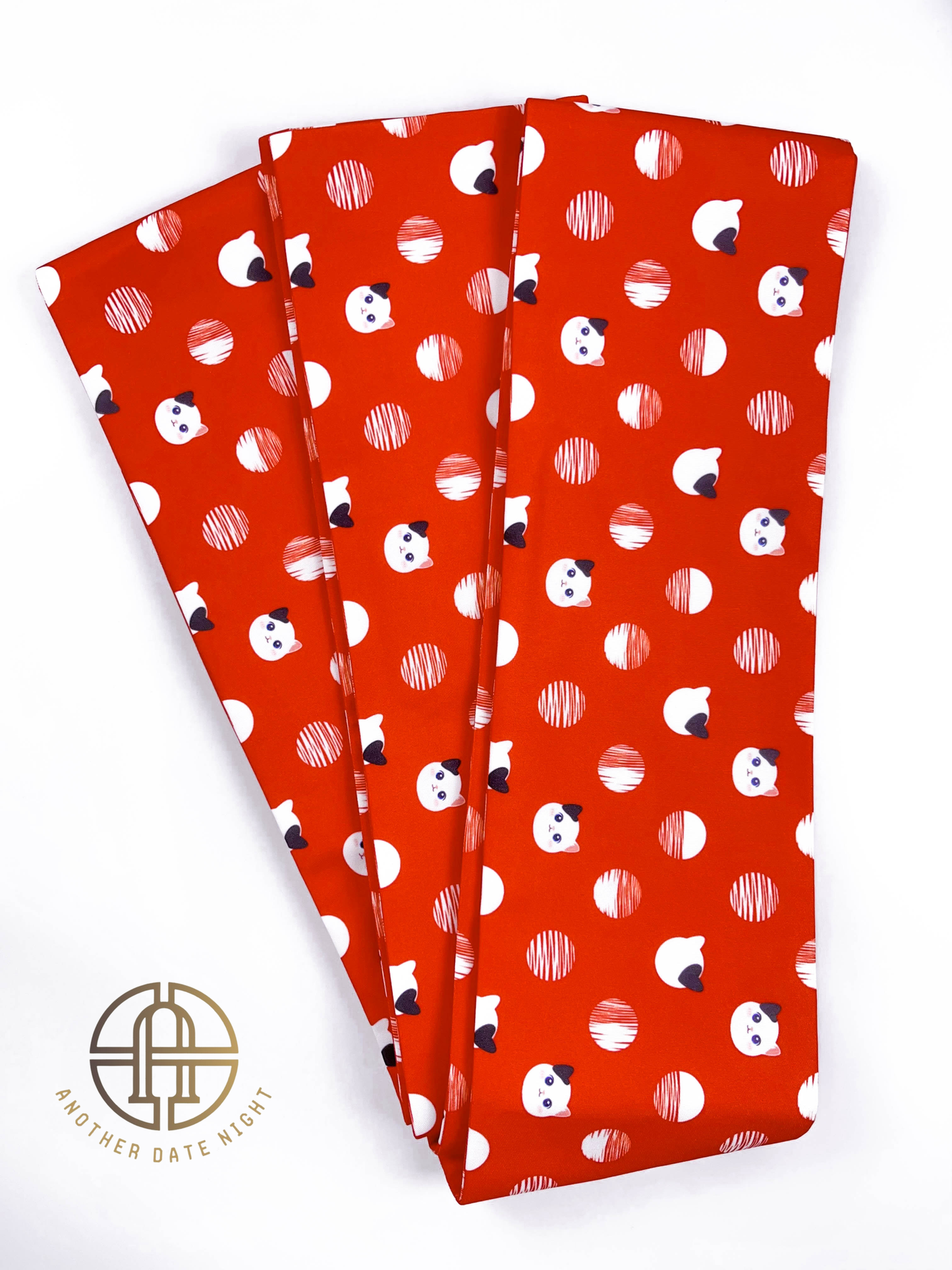 Red Polka Dot Cat Hanhaba Belt, Red Half-Width Obi for Yukata