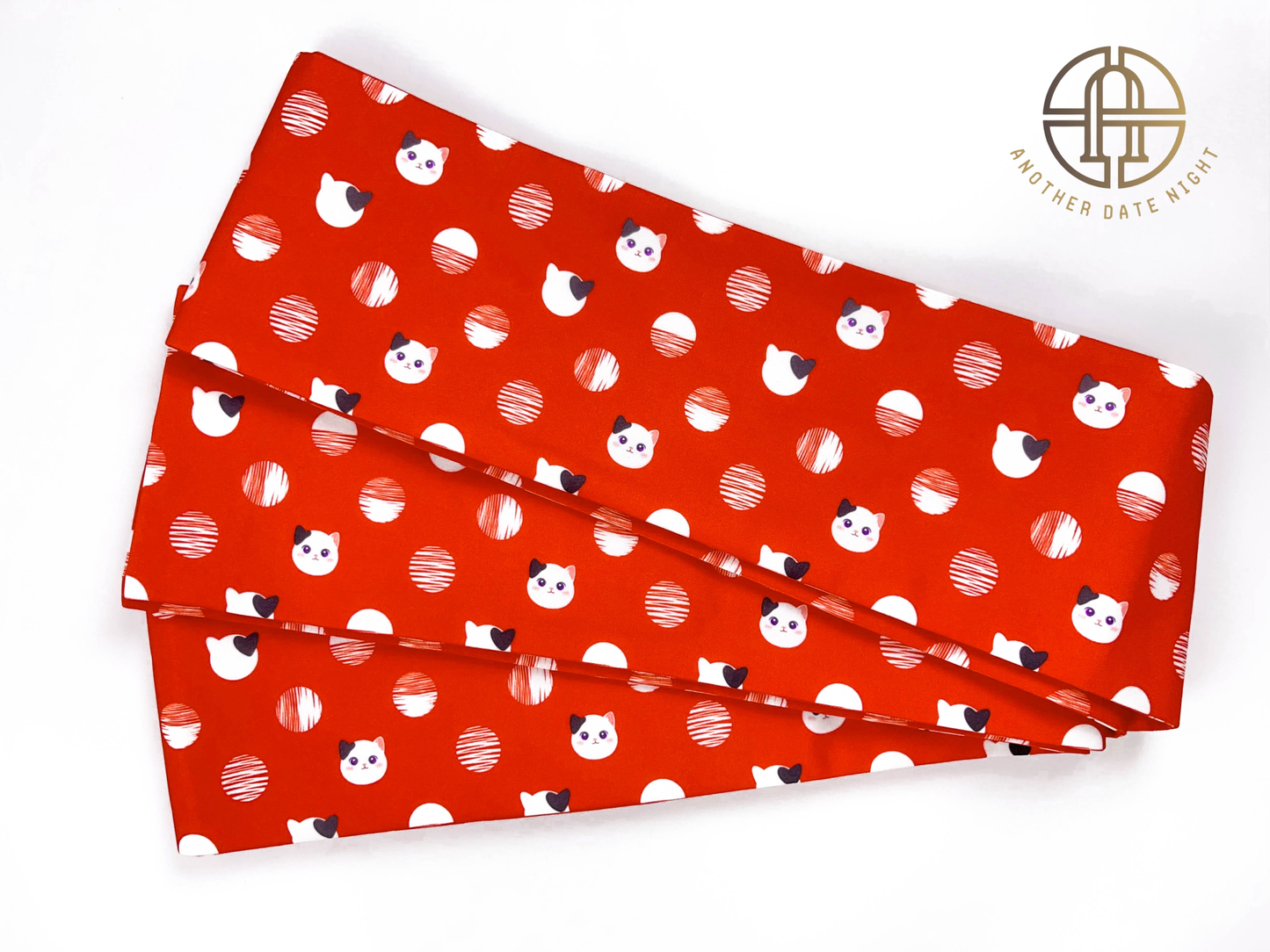 Red Polka Dot Cat Hanhaba Belt, Red Half-Width Obi for Yukata