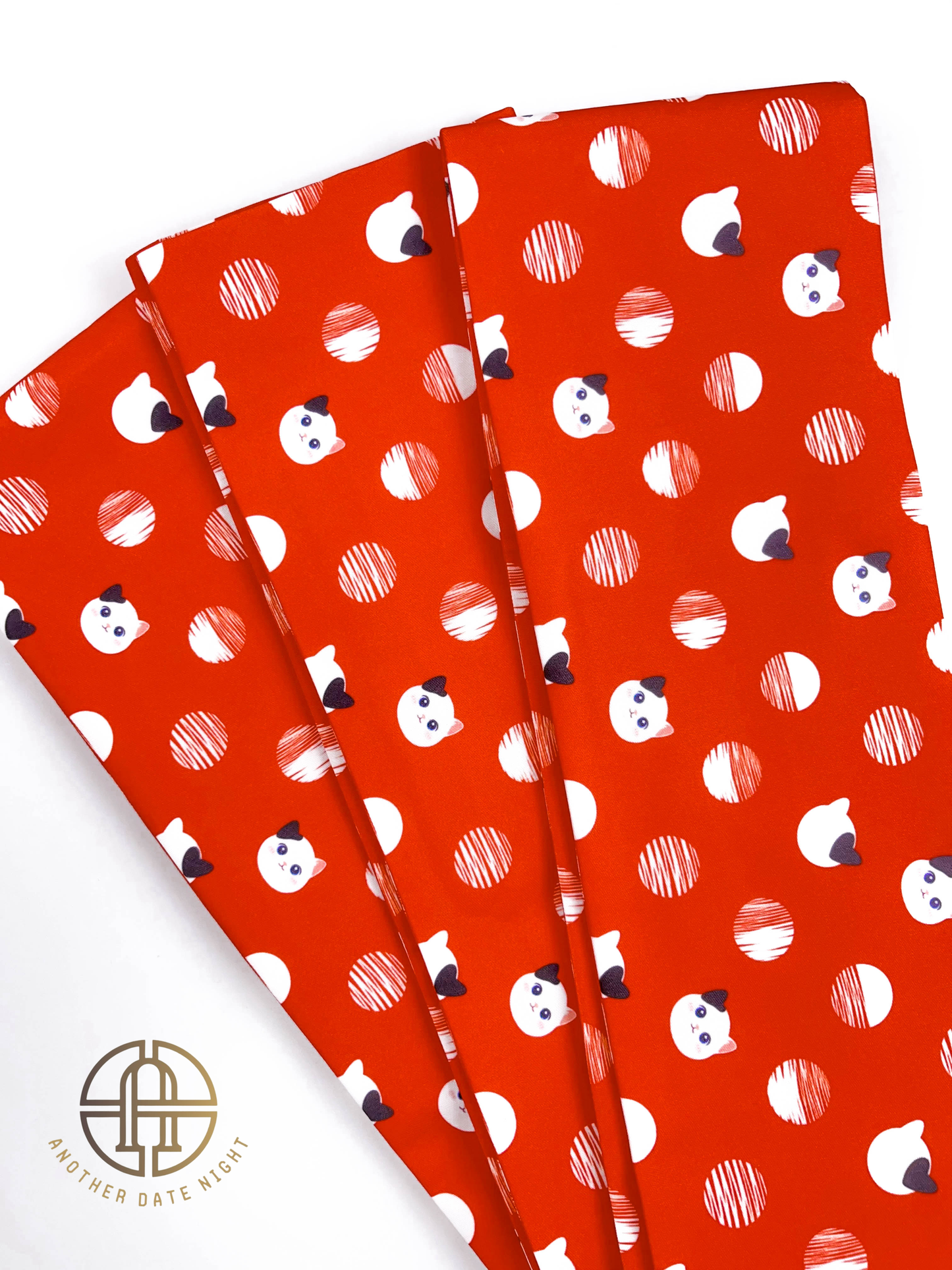 Red Polka Dot Cat Hanhaba Belt, Red Half-Width Obi for Yukata