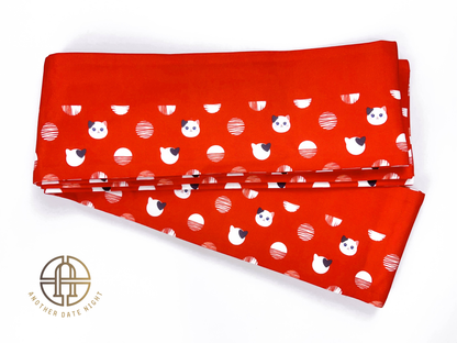 Red Polka Dot Cat Hanhaba Belt, Red Half-Width Obi for Yukata