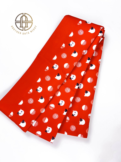 Red Polka Dot Cat Hanhaba Belt, Red Half-Width Obi for Yukata