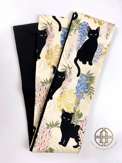 Wisteria Flower & Black Cat Hanhaba Belt, Half-Width Obi for Yukata