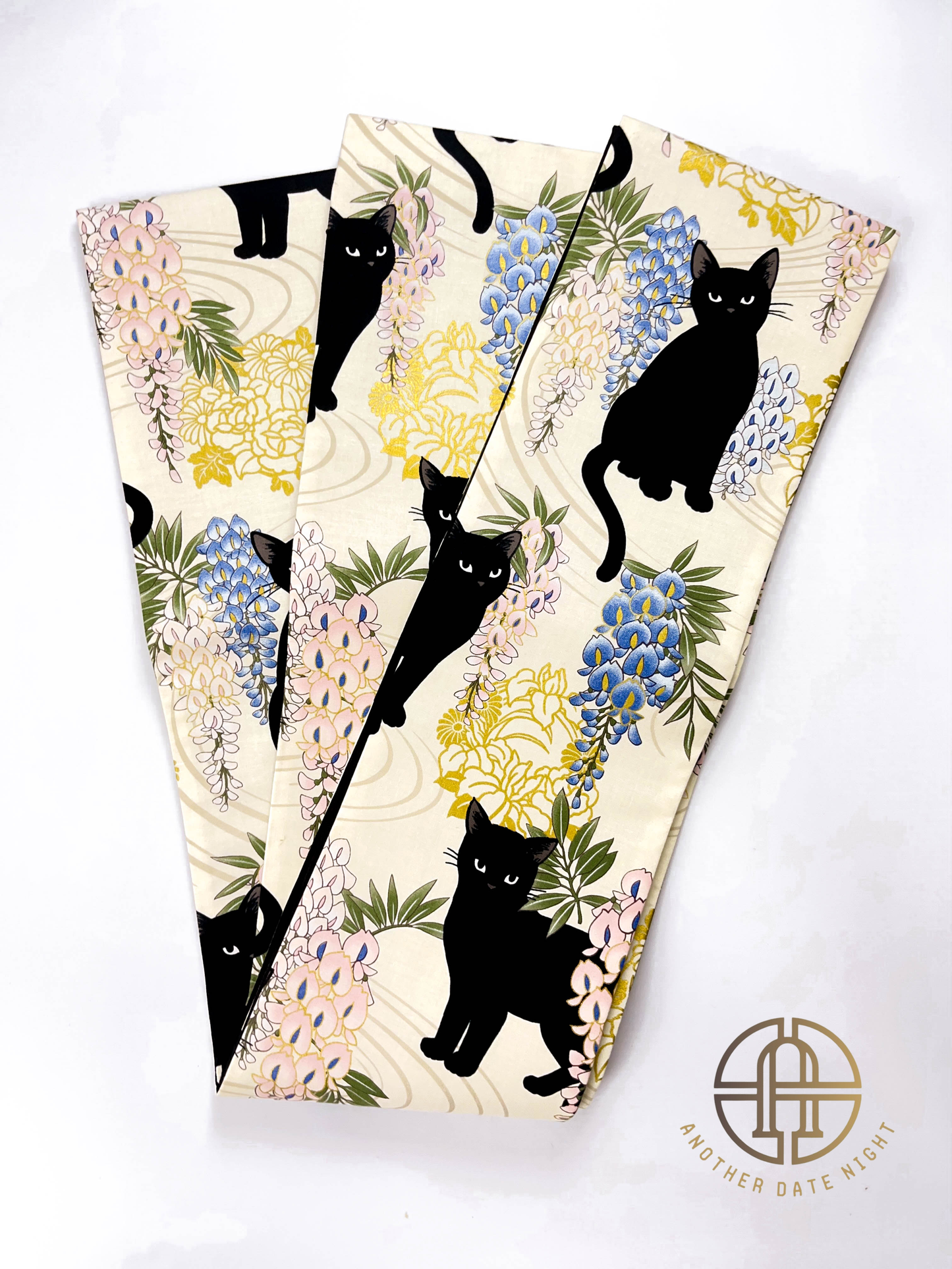 Wisteria Flower & Black Cat Hanhaba Belt, Half-Width Obi for Yukata