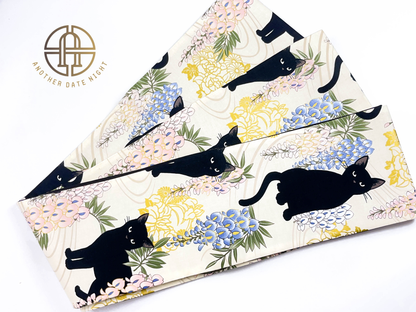 Wisteria Flower & Black Cat Hanhaba Belt, Half-Width Obi for Yukata