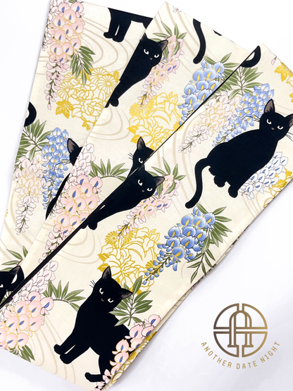 Wisteria Flower & Black Cat Hanhaba Belt, Half-Width Obi for Yukata