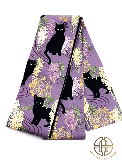 Wisteria Flower & Black Cat Hanhaba Belt, Half-Width Obi for Yukata