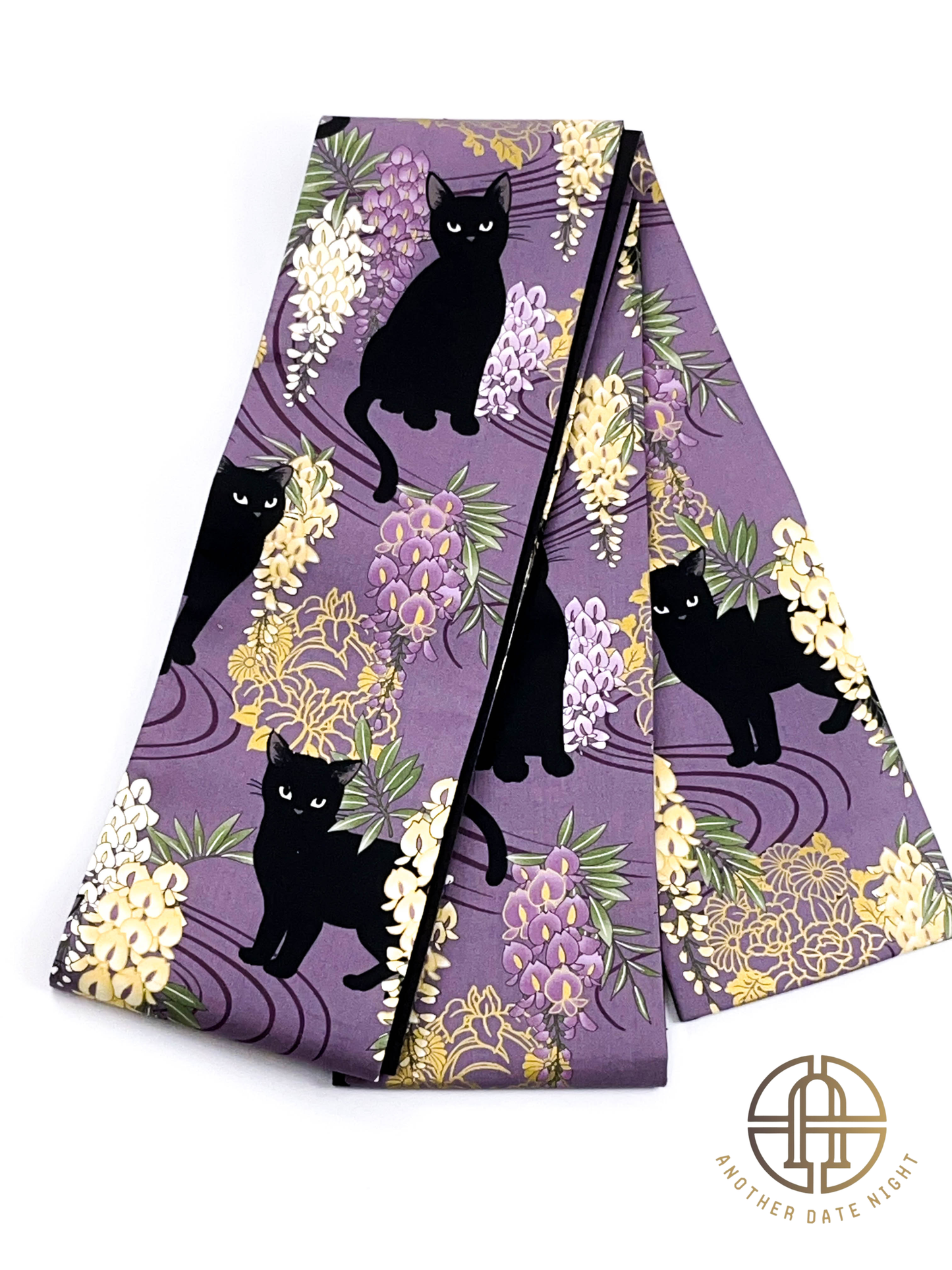 Wisteria Flower & Black Cat Hanhaba Belt, Half-Width Obi for Yukata