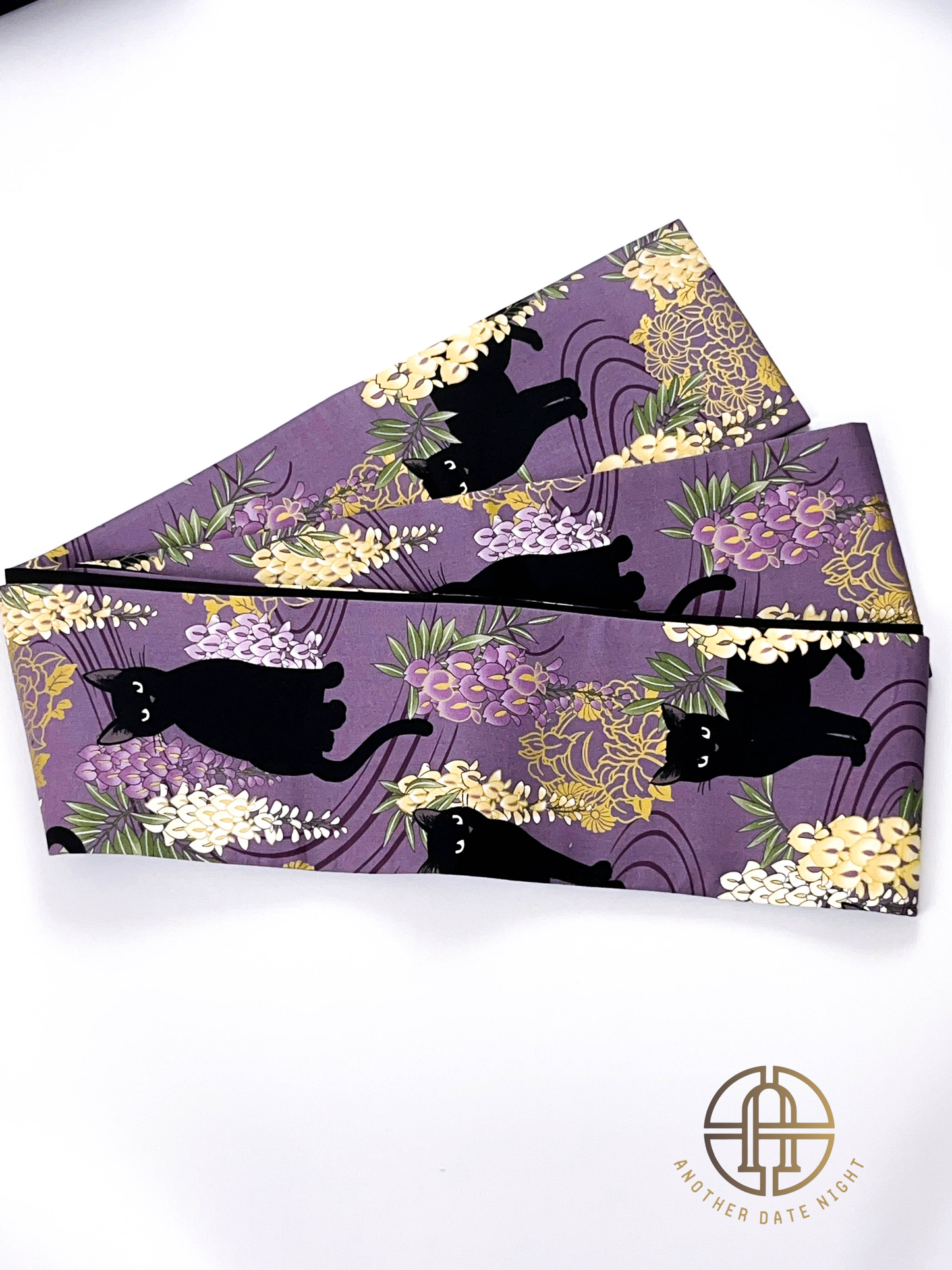 Wisteria Flower & Black Cat Hanhaba Belt, Half-Width Obi for Yukata