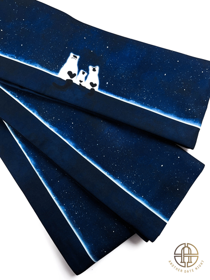 Starry Cat Hanhaba Belt- Love and Friendship, Double Sided Half-Width Obi for Yukata