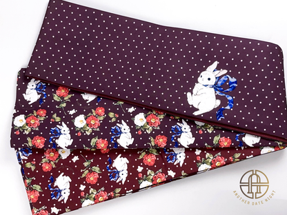 Camellia Rabbit Hanhaba & Polka Dots Double Sided Obi Belt for Yukata (Purple and Wine Red))