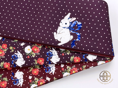 Camellia Rabbit Hanhaba & Polka Dots Double Sided Obi Belt for Yukata (Purple and Wine Red))