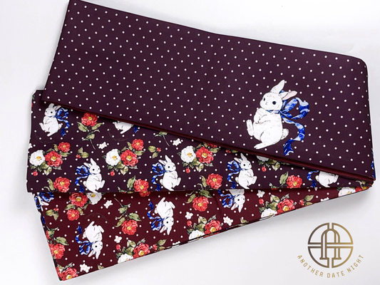 Camellia Rabbit Hanhaba & Polka Dots Double Sided Obi Belt for Yukata (Purple and Wine Red))