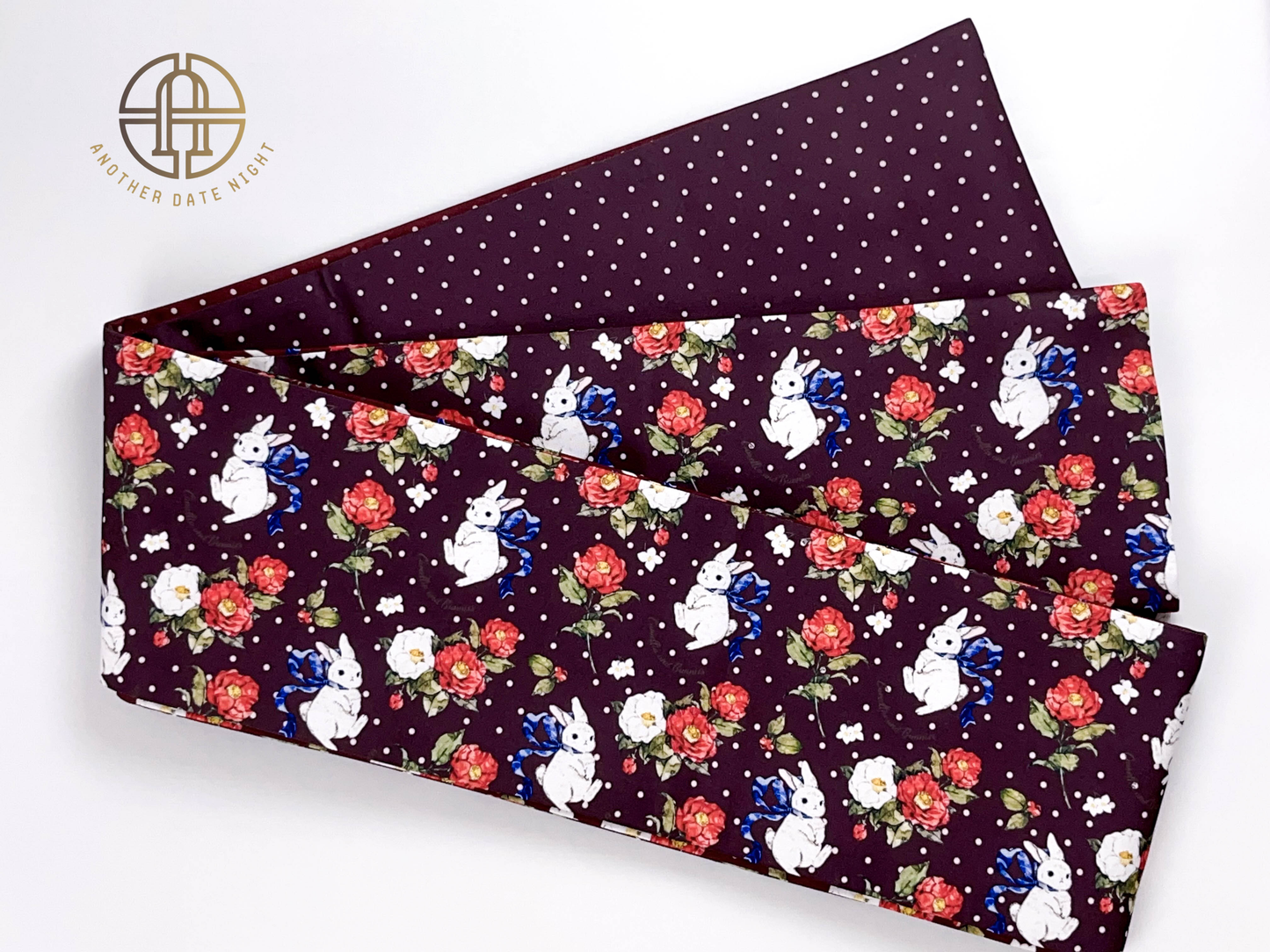 Camellia Rabbit Hanhaba & Polka Dots Double Sided Obi Belt for Yukata (Purple and Wine Red))