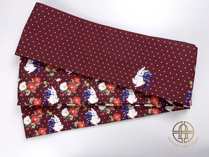 Camellia Rabbit Hanhaba & Polka Dots Double Sided Obi Belt for Yukata (Purple and Wine Red))