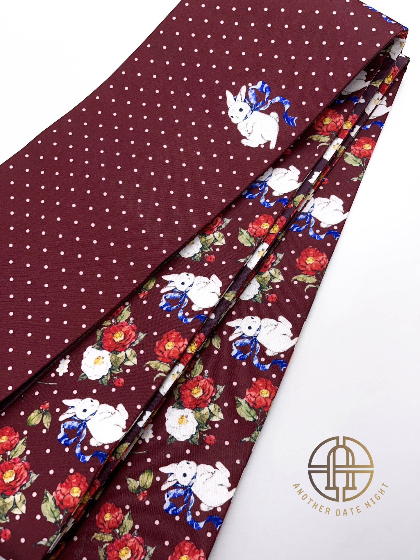 Camellia Rabbit Hanhaba & Polka Dots Double Sided Obi Belt for Yukata (Purple and Wine Red))