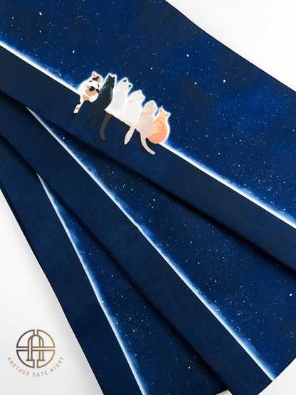 Starry Cat Hanhaba Belt- Love and Friendship, Double Sided Half-Width Obi for Yukata