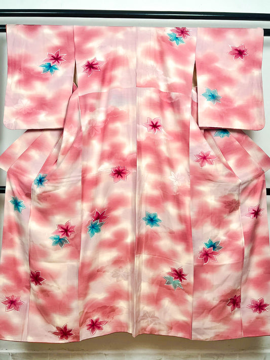 Rank A Vintage Pink Maple Leaf kimono, Vintage Silk Kimono, Komon Kimono, A69