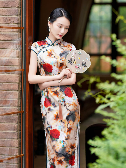Qipao Dress, Mulberry Silk, Floral Pattern, SQ009
